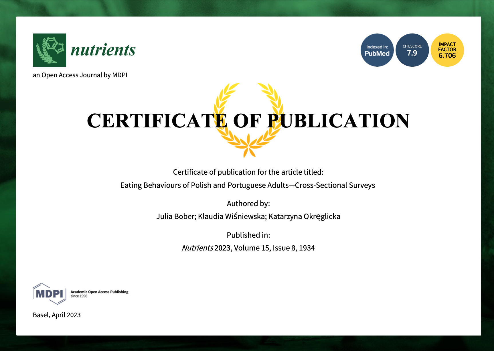 Nutrients — Certificate of Publication 2023